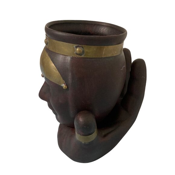 Ceramic Mid Century Head In Hand 2 Piece Figural Vase Urn Holder Metal Accents - Picture 2 of 10